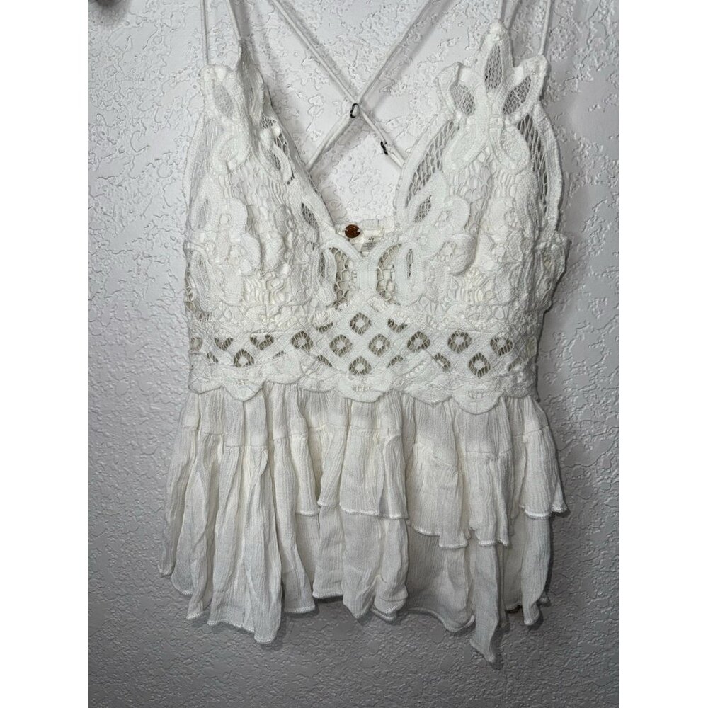 Free People Lace Top With Ruffles Spaghetti Straps White Crop Tank Small W - Picture 2 of 5